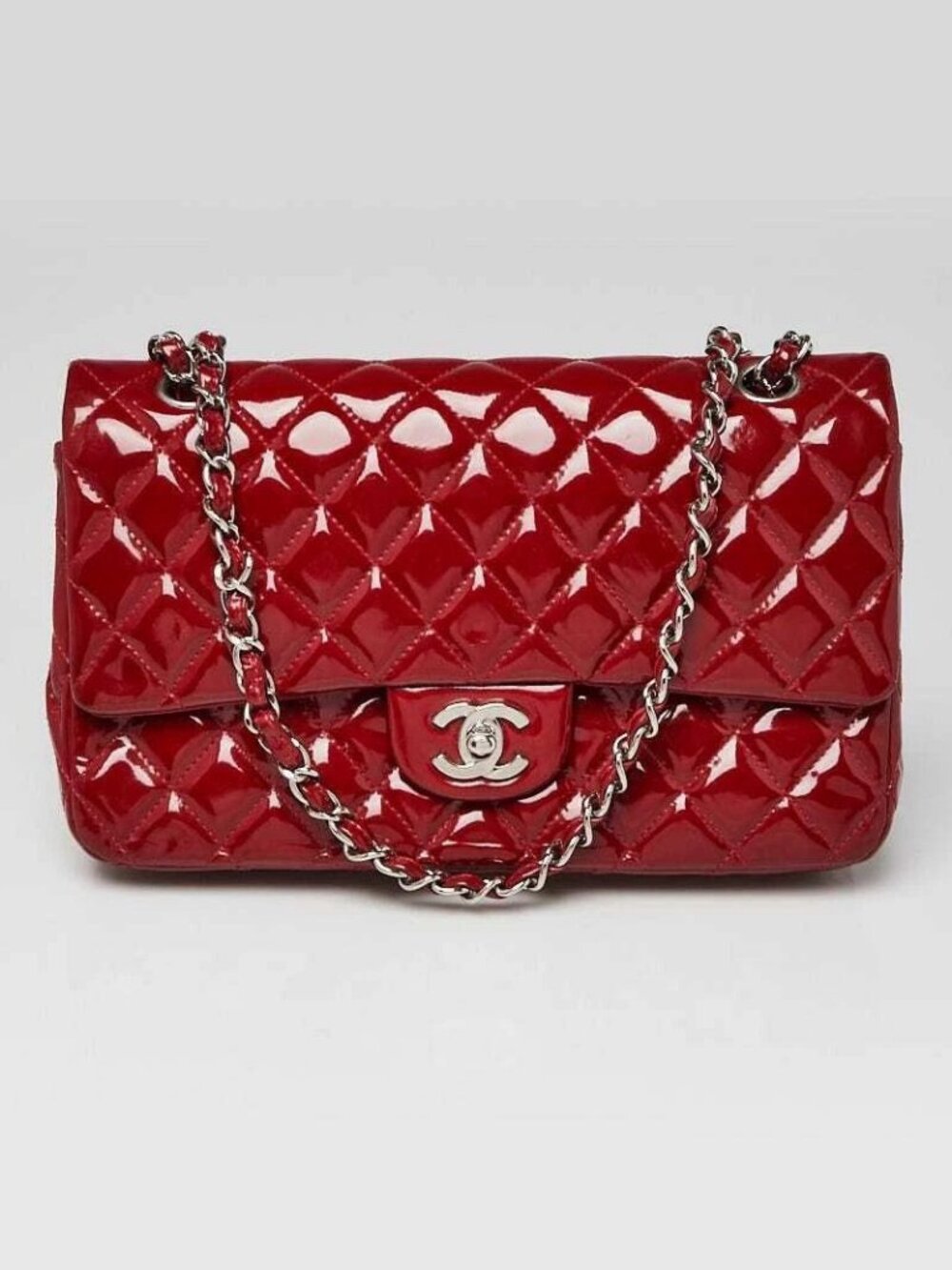 Chanel Red Quilted Patent Leather Classic Medium Double Flap Bag